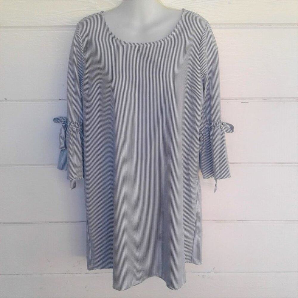 Potter's Pot Women's White Blue Striped Dress ¾ Sleeves Loose Fit Size Medium